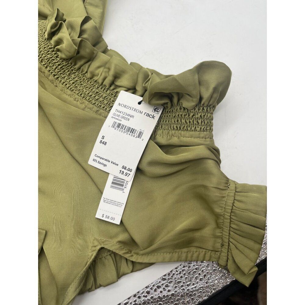 T Tahari Women’s Ruffle Trim Sleeveless Satin Blouse, Olive Green, S - Picture 6 of 12